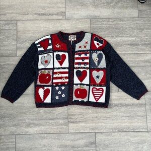 Vtg Cottagecore Blue Cardigan Womens XL Beads Stitching Theme Country